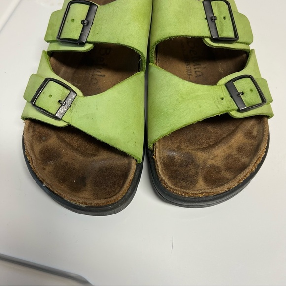 Birkenstock Betula platform Arizona 2 strap slide neon green leather black buckl - Picture 10 of 12